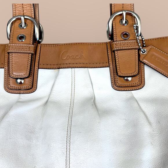 Coach Y2K Leather Soho Tote Shoulder Bag Double Handle Buckled Pleated Ivory Tan - Picture 6 of 14